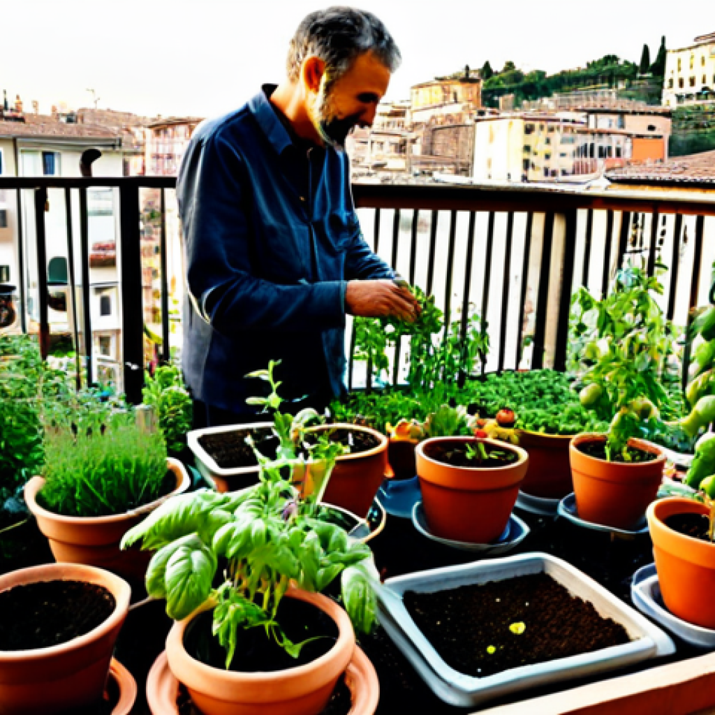 Balcony Permaculture Garden**

A fully clothed person tends a thriving permaculture garden on a sunny Italian balcony. The scene features various potted herbs, tomato plants, and climbing vines. Use terracotta pots and repurposed materials. The background shows a typical Italian cityscape with warm lighting. Perfect anatomy, natural proportions, safe for work, appropriate content, fully clothed, family-friendly. High quality, professional photography.

**