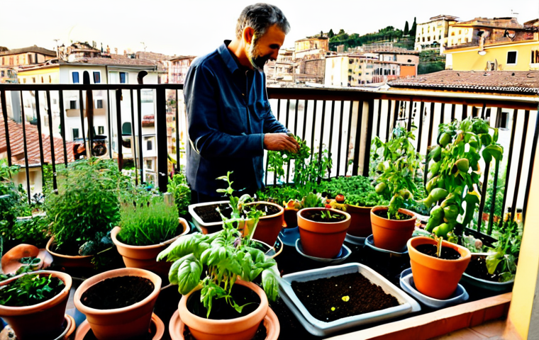 Balcony Permaculture Garden**

A fully clothed person tends a thriving permaculture garden on a sunny Italian balcony. The scene features various potted herbs, tomato plants, and climbing vines. Use terracotta pots and repurposed materials. The background shows a typical Italian cityscape with warm lighting. Perfect anatomy, natural proportions, safe for work, appropriate content, fully clothed, family-friendly. High quality, professional photography.

**
