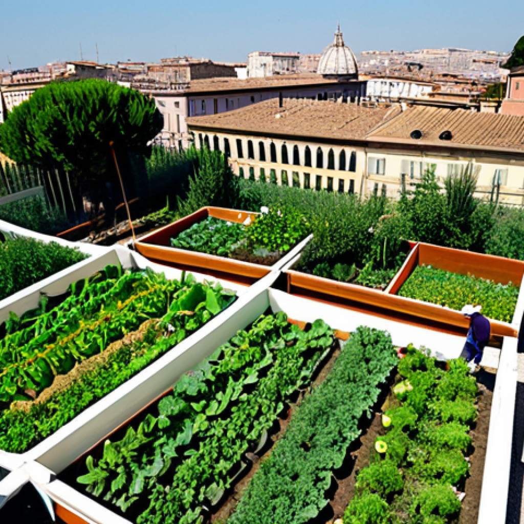 Urban Permaculture**
"A thriving urban rooftop garden in Rome, Italy, fully clothed people tending to vegetable patches, colorful flowers, and a small greenhouse in the background. Mediterranean cityscape visible in the distance. Safe for work, appropriate content, family-friendly, professional setting, perfect anatomy, natural proportions, high-quality rendering, fully clothed."
**