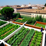 Home 10 Urban Permaculture**
"A thriving urban rooftop garden in Rome, Italy, fully clothed people tending to vegetable patches, colorful flowers, and a small greenhouse in the background. Mediterranean cityscape visible in the distance. Safe for work, appropriate content, family-friendly, professional setting, perfect anatomy, natural proportions, high-quality rendering, fully clothed."
**