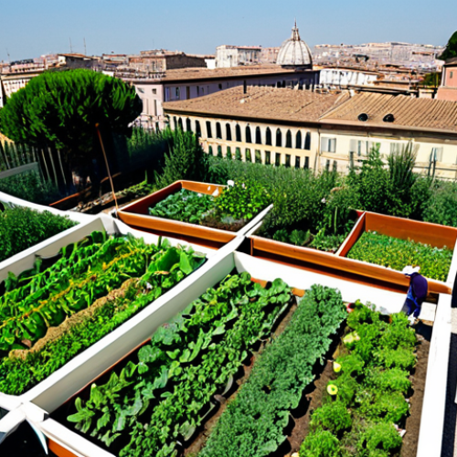 Home 20 Urban Permaculture**
"A thriving urban rooftop garden in Rome, Italy, fully clothed people tending to vegetable patches, colorful flowers, and a small greenhouse in the background. Mediterranean cityscape visible in the distance. Safe for work, appropriate content, family-friendly, professional setting, perfect anatomy, natural proportions, high-quality rendering, fully clothed."
**