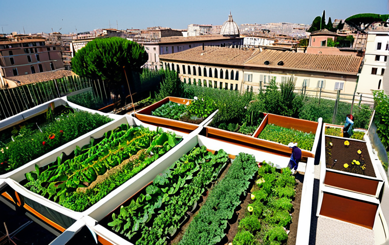 Urban Permaculture**

"A thriving urban rooftop garden in Rome, Italy, fully clothed people tending to vegetable patches, colorful flowers, and a small greenhouse in the background. Mediterranean cityscape visible in the distance. Safe for work, appropriate content, family-friendly, professional setting, perfect anatomy, natural proportions, high-quality rendering, fully clothed."

**