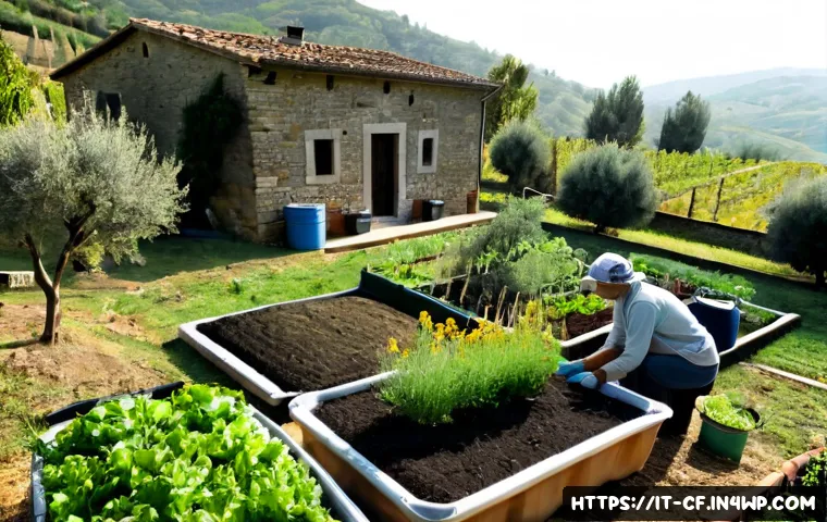 퍼머컬처의 생태적 발자국 줄이기 - Photorealistic Italian permaculture garden beside a rustic stone farmhouse in Tuscany, thriving vege...